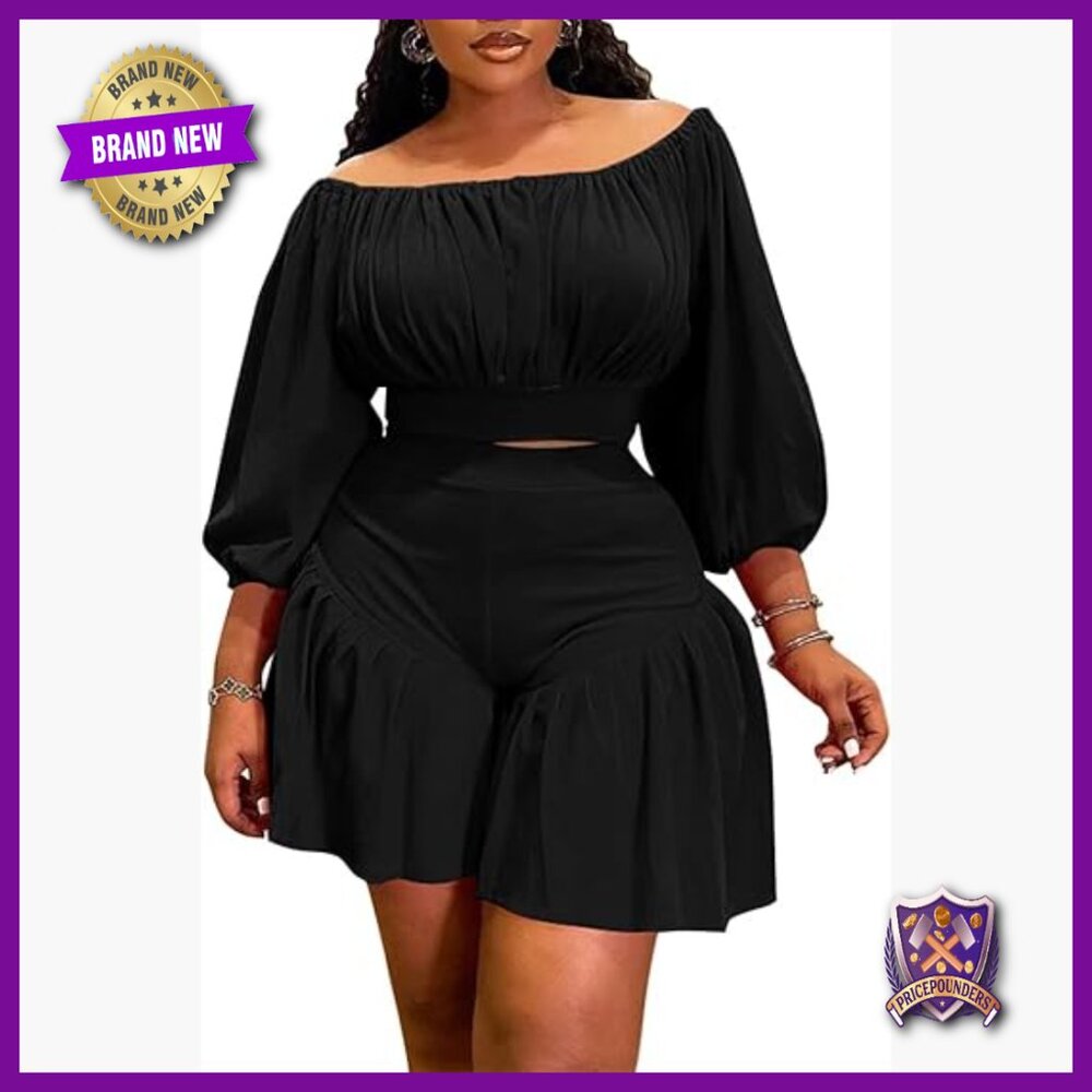 Plus Size Off Shoulder Crop Top and Ruffle Shorts Set, 2 Piece Outfit - Picture 1 of 6